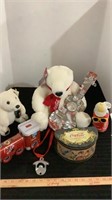 Coca Cola Collectables, stuffed bears, guitar,