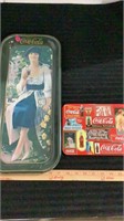 Coca Cola collectables, oblong tin tray and tin