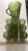 GREEN GLASS PITCHER AND GLASSES