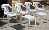 4 STACKING PLASTIC LAWN CHAIRS & 2 TABLES
