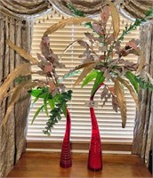 Pair Red vases w/Foliage