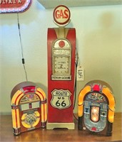 2 Jukebox Radios & Gas Pump Cabinet
