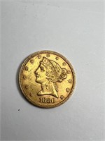 1880 $5 gold liberty coin