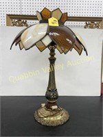 HEAVY BRASS LAMP WITH LEADED GLASS SHADE