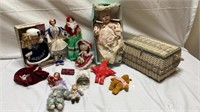Tray of Vintage Dolls, Basket and More