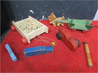 Vintage wood toy lot. Blocks, pull toys, cars.