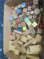 Vintage wood toy lot. Blocks, game parts.
