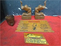 Wood signs, elephant book ends.