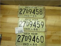Three 1966 Consecutive # New Indiana Plates