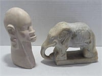 Carved Stone Elephant and Kenya Head