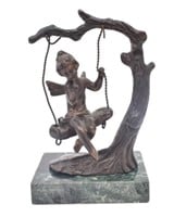 Auguste Moreau Bronze Cherub on Tree Swing