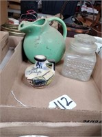 (2) Pottery pitchers and glass candy jar w/lid