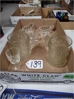 Flat of glassware: etched glass pitchers, goblet,