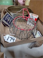 Vintage wire egg basket, toffee tin, Band-Aid