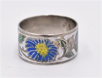 Sterling Enamel Band Ring With Blue Flowers