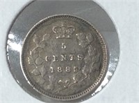 1885 Large 5  (vf30)  Canadian Silver Five Cent