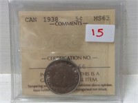 1938 ( Iccs)(ms 63) Canadian Silver 5 Cent
