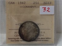 1942  (iccs)(ms 64) )canadian Silver .25