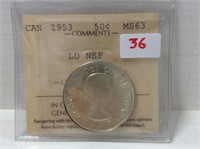 1953"ld Nsf" (iccs)(ms 63) Canadian Silver .50