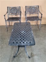 Pair of outdoor patio chairs, & coffee table,