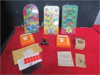 Tin wind up seal, marble games, & misc.