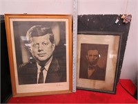 Framed Lincoln, JFK pictures.