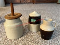 (3) Crocks - butter churn, pitcher, pot
