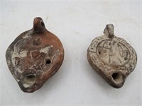 (2)Small pottery Arabic oil lamps.