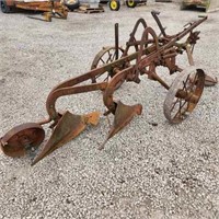 Antique 2 Furrow Drag Plow on Steel Wheels