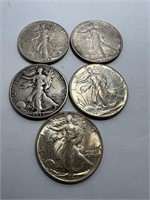 5 silver walking liberty half dollars