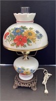Hurricane lamp, red, blue, yellow flowers, works,