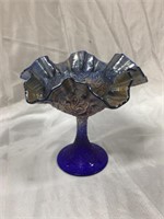 Cobalt Carnival glass stemmed dish with