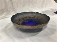 Cobalt blue carnival dish with Dragon and Rose