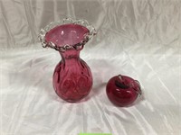 Rossi lot Cranberry vase w/ clear glass ruffle