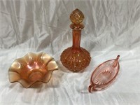 Carnival glass, decanter + scalloped dish and