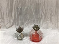 2 oil lamps, 16" tall and 14 1/2 tall