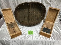 2 hinge wooden boxes and 1 large woven basket