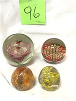4 Glass Paperweights. Bees peony inside 3 1/2