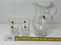 Mary Gregory Pitcher & 4 Glasses