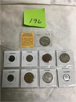 Old Mexican Silver Dollar, 8 Various Foreign Coins