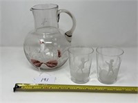 Mary Gregory Pitcher & 2 Glasses