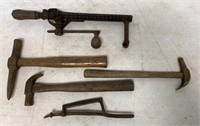 lot of 5 Hammers, Drill Brace, Others