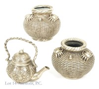 Metal (Pewter ?) Asian Crab Baskets (2), Teapot