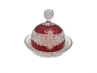 Cranberry Etched Glass Butter Dish