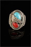 Men's Indian Sterling Silver Turquoise Coral Ring