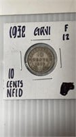 1938 WWII Era Newfoundland Ten Cent 92.5 Silver Co