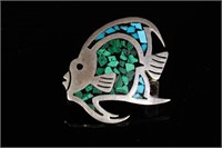 Fish Brooch Sterling Silver & Turquoise Pebbles