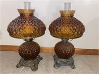 2 vintage amber quilted globe table lamps 20"