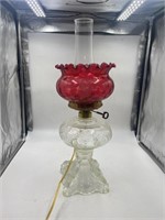 victorian glass electrified oil lamp-cranberry dot