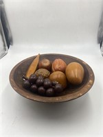 dough bowl and wooden fruit